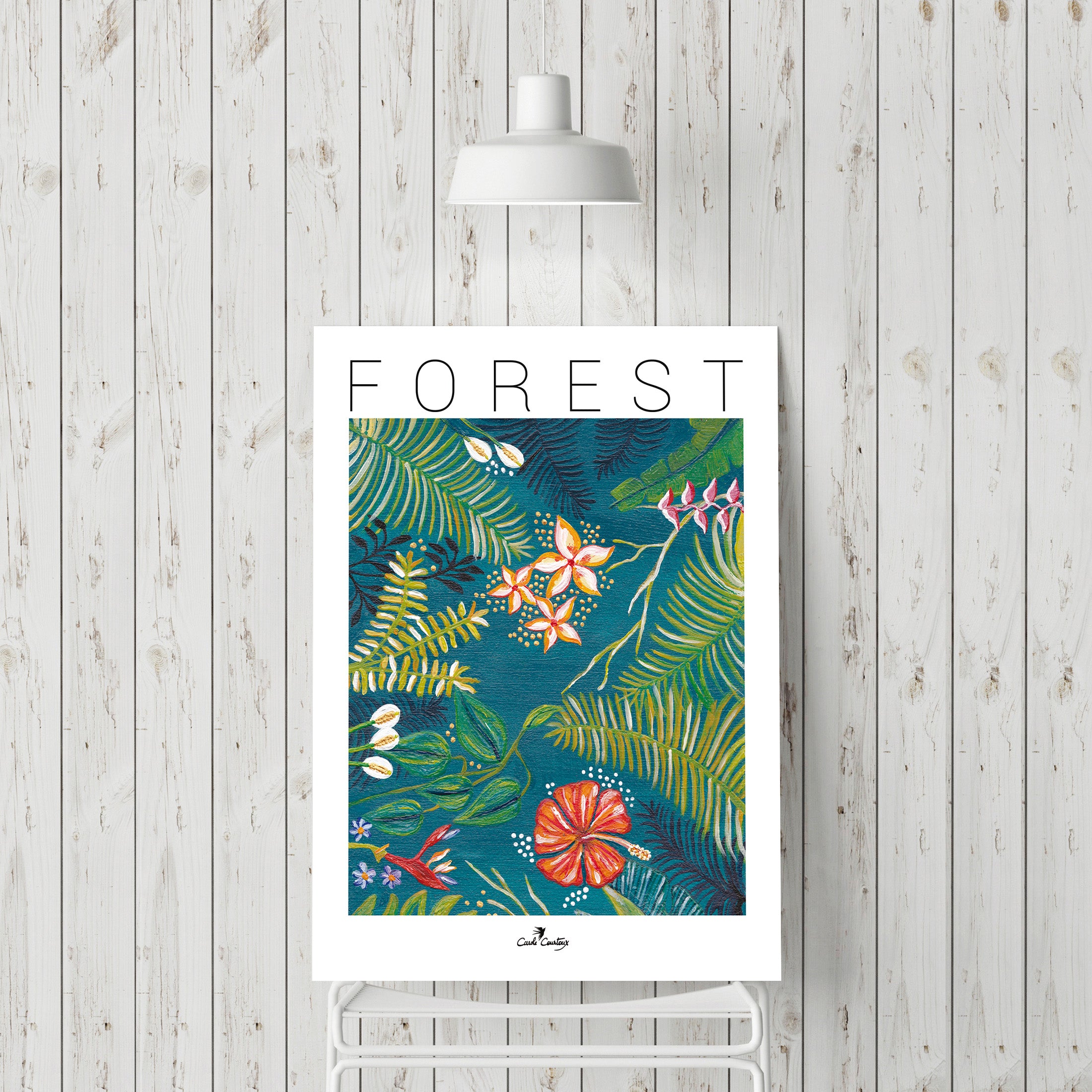Affiche encadrée avec motif feuillage vert, fleurs roses et fond bleu-gris