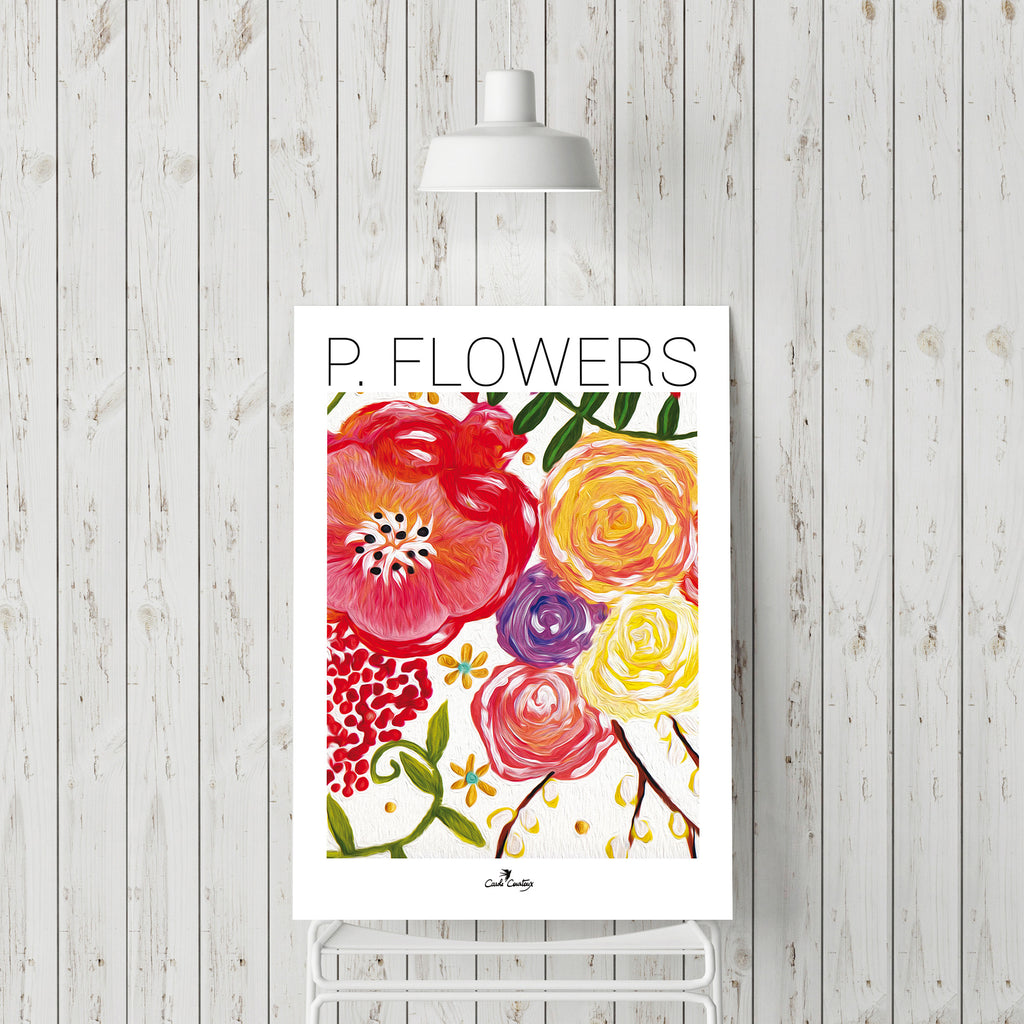Affiche fleurs multicolores avec texte « P. FLOWERS » sur fond blanc.