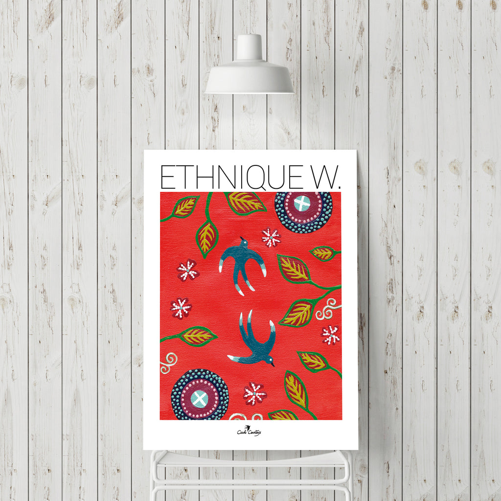 Affiche encadrée ETHNIQUE W : motif rouge, oiseaux bleus et feuilles vertes