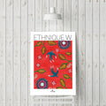 Affiche encadrée ETHNIQUE W : motif rouge, oiseaux bleus et feuilles vertes