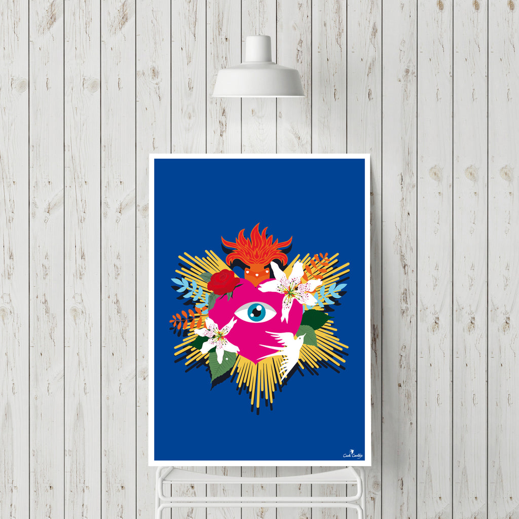 Affiche encadrée, illustration spirituelle: visage rose sur fond bleu