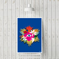 Affiche encadrée, illustration spirituelle: visage rose sur fond bleu