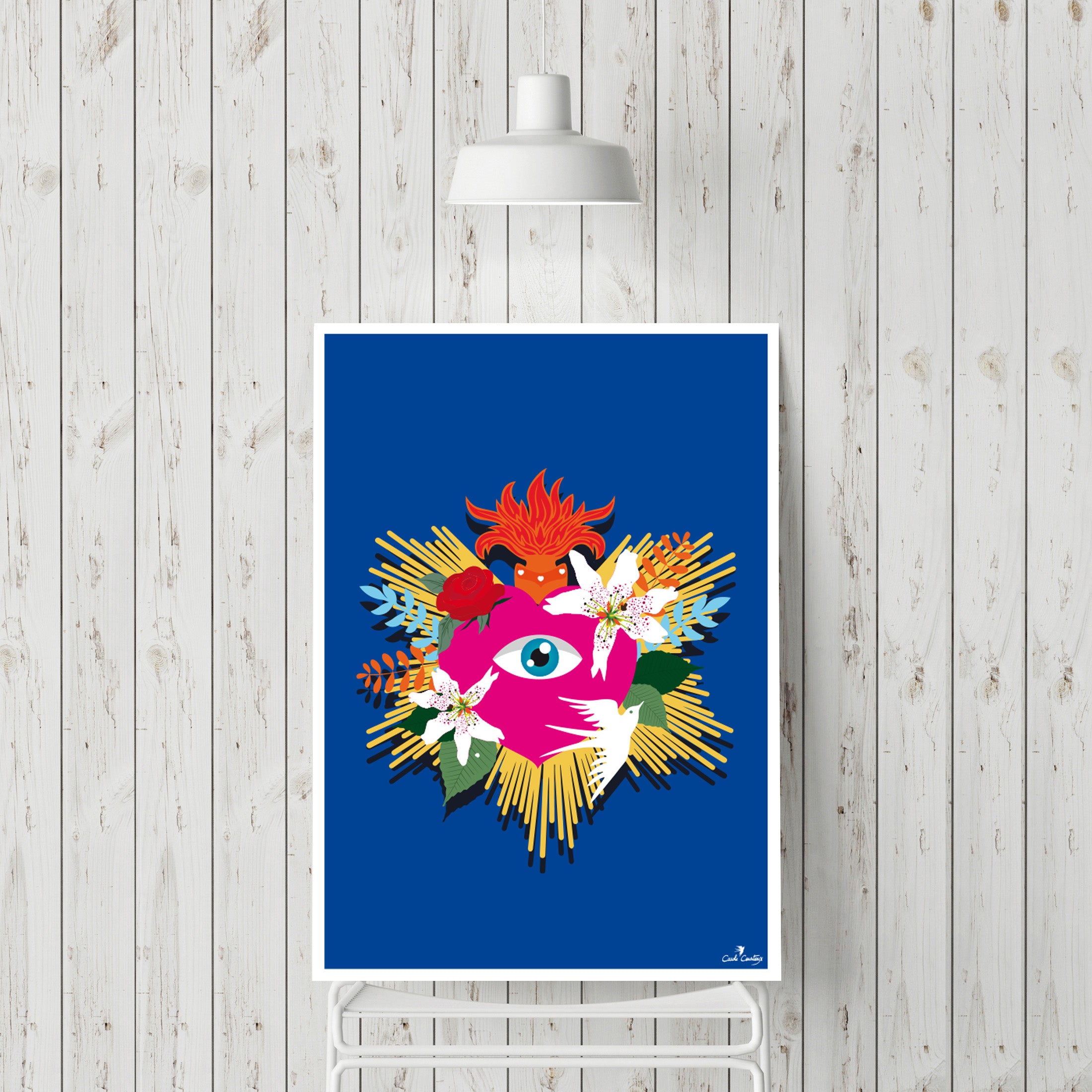 Affiche encadrée, illustration spirituelle: visage rose sur fond bleu