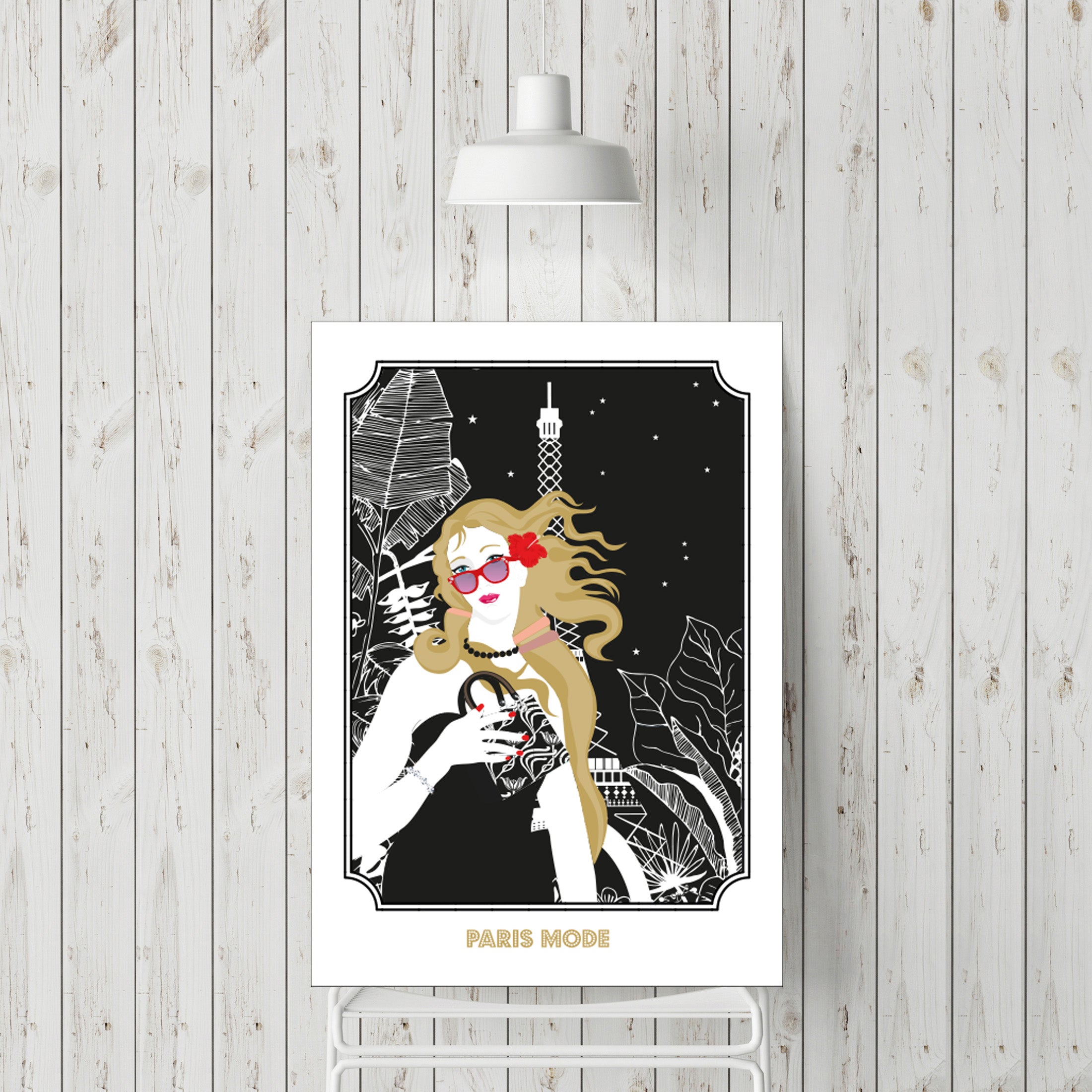 Affiche Vénus sans cadre, illustration femme aux lunettes rouges, fond noir étoilé