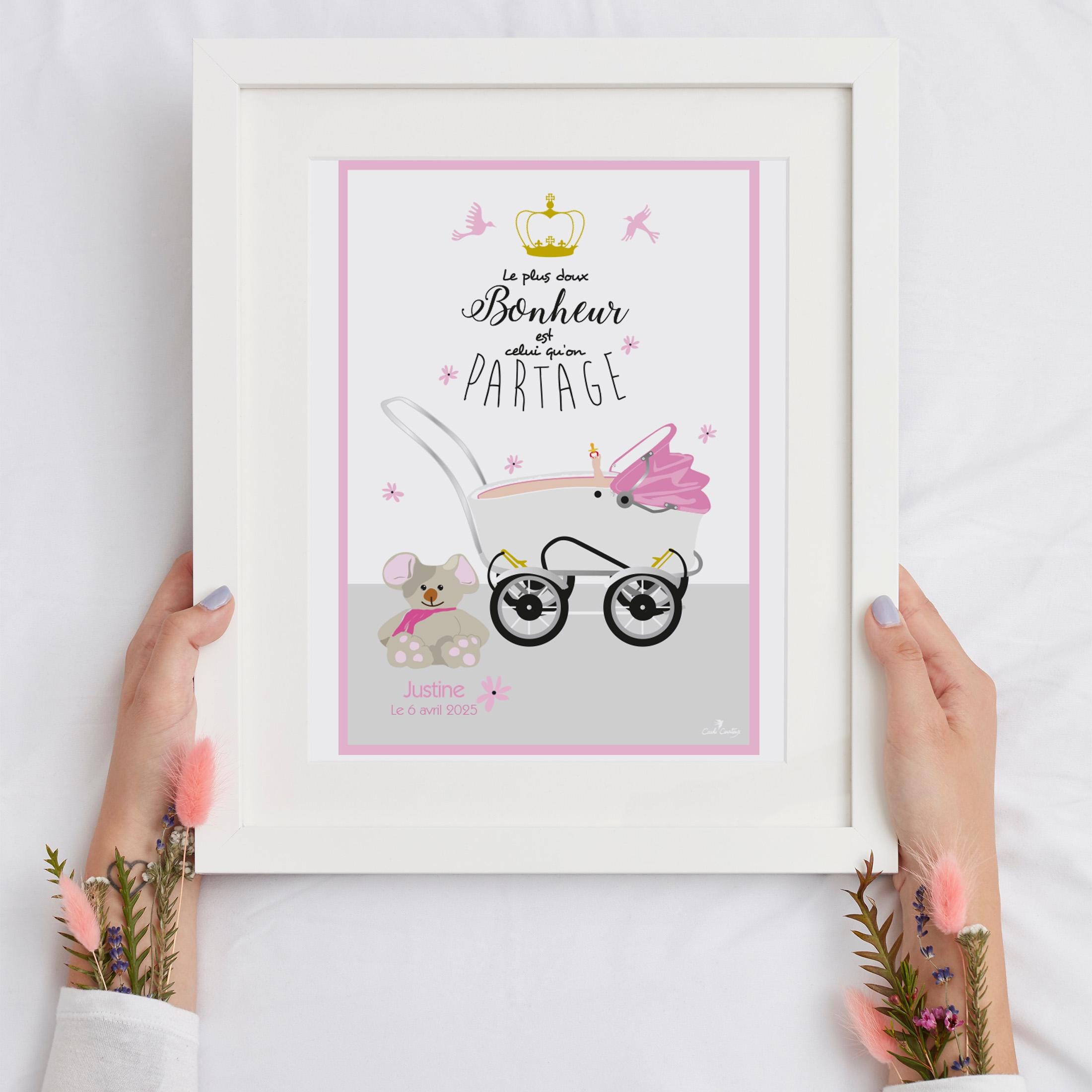 Affiche de naissance encadrée avec poussette, lapin et texte Le plus bonheur