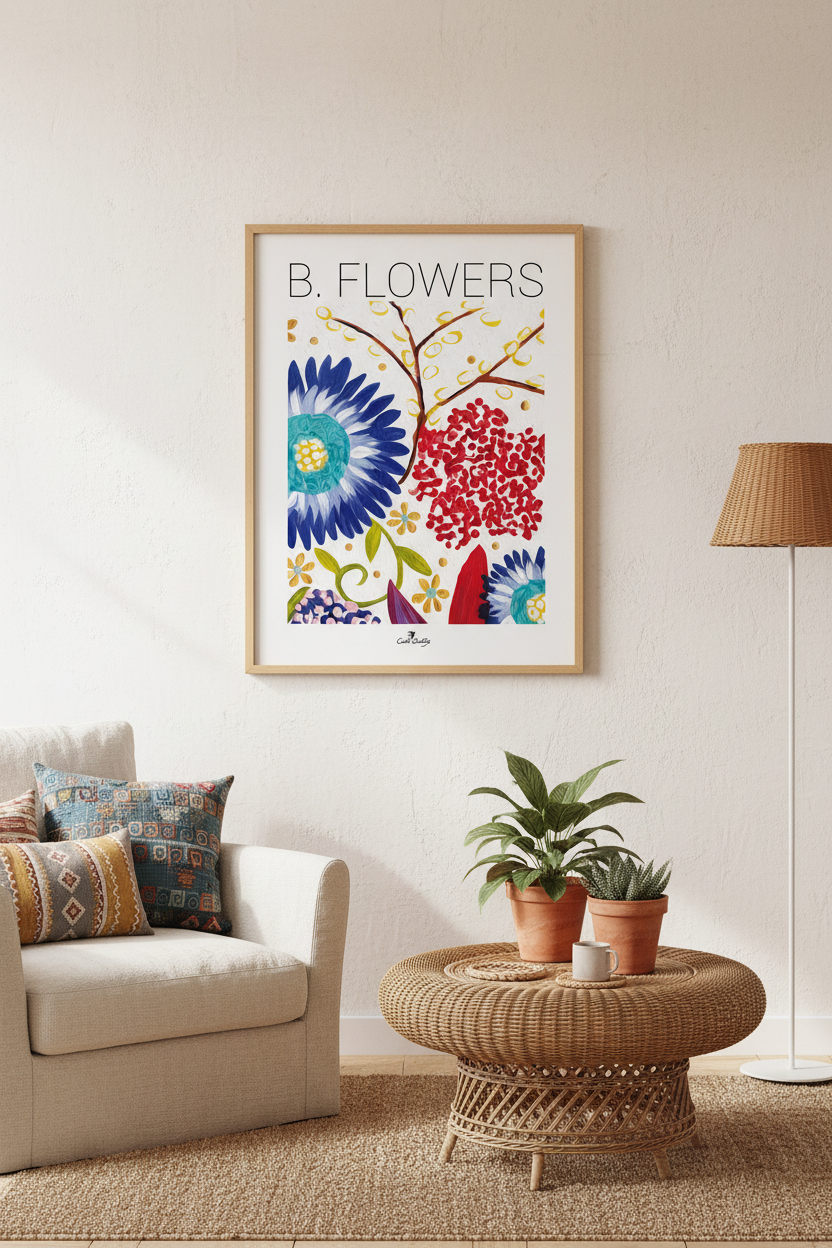 Affiche florale encadrée, fond clair, fleurs bleues et rouges, détails dorés, format A3/A2
