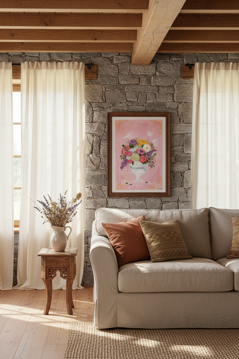 Affiche encadrée bouquet de fleurs colorées sur fond clair, format A3/A2