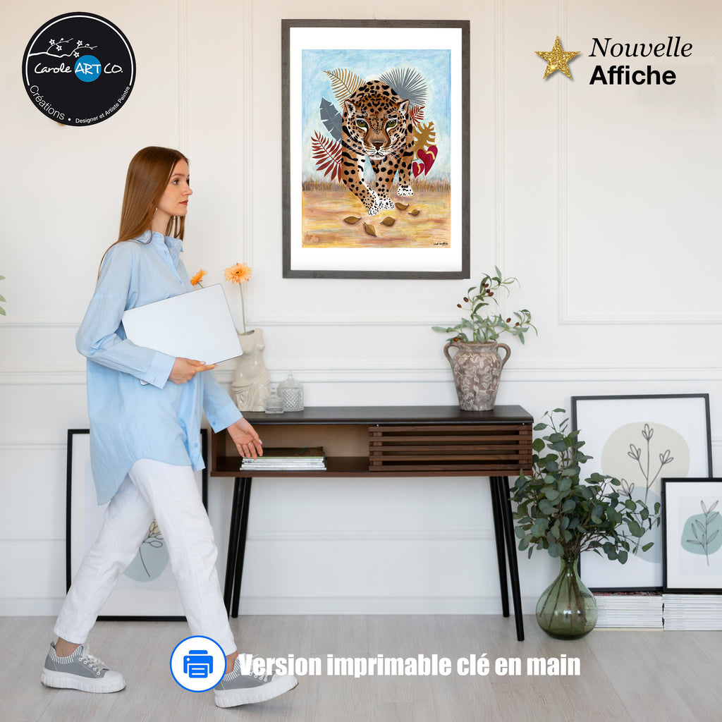 Affiche de tigre tacheté dans un cadre noir, fond bleu, feuillages stylisés rouges