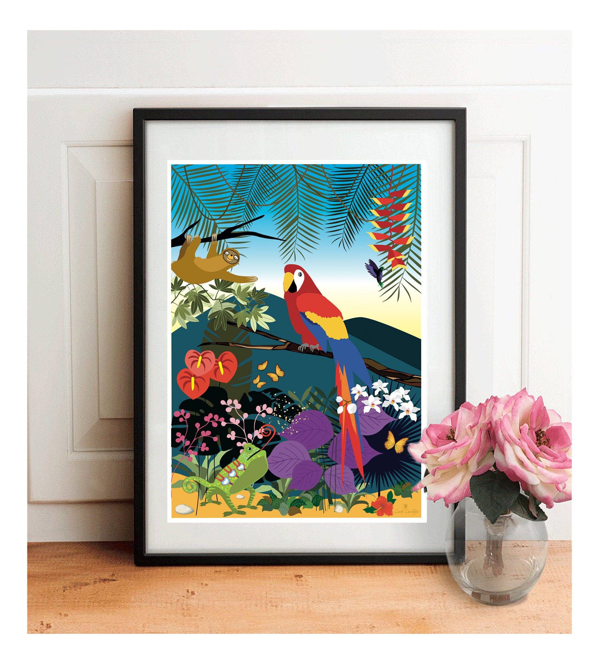 Affiche encadrée perroquet multicolore avec feuillage tropical, papillon et fleurs