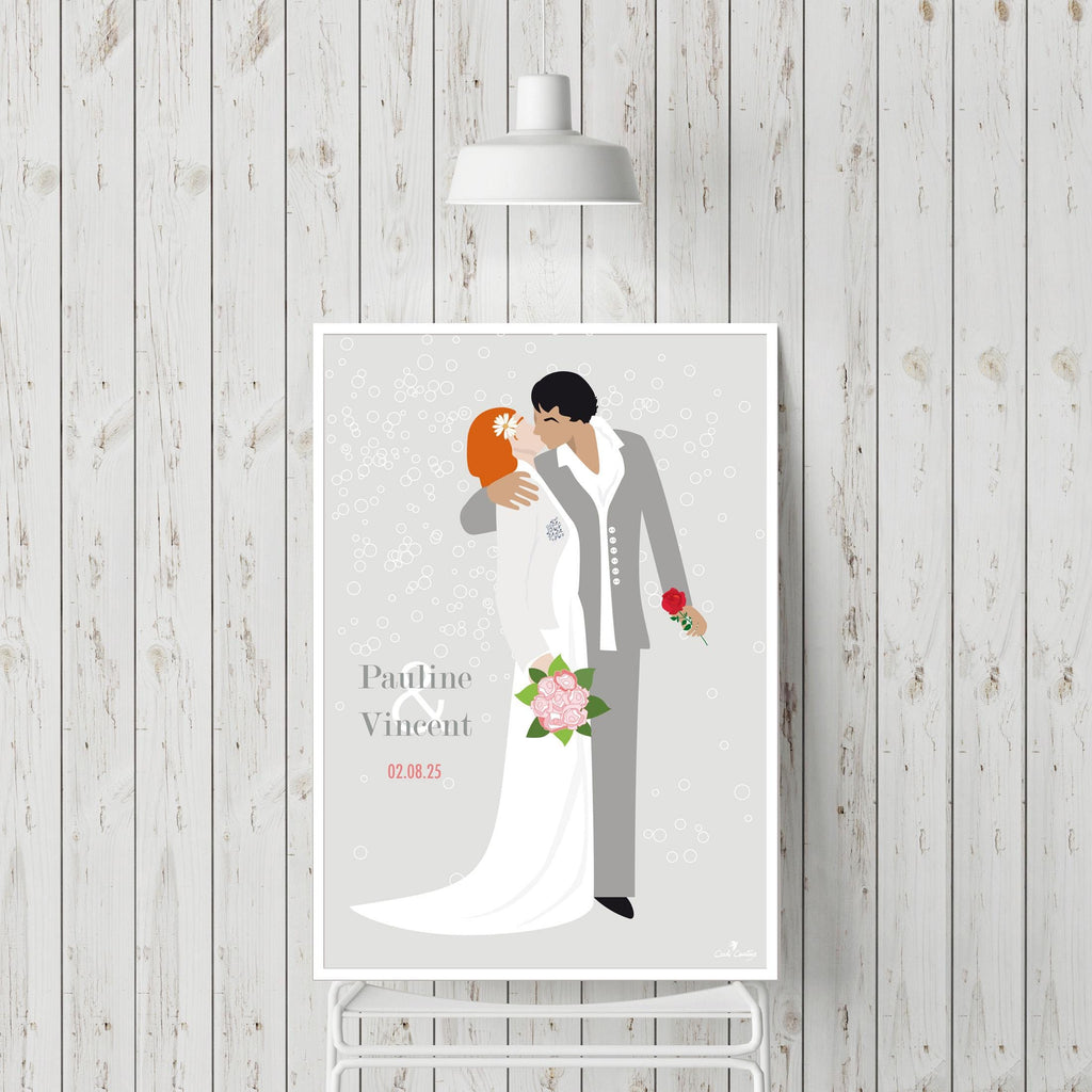 Affiche de mariage encadrée, couple stylisé tenant le bouquet, prénoms et date