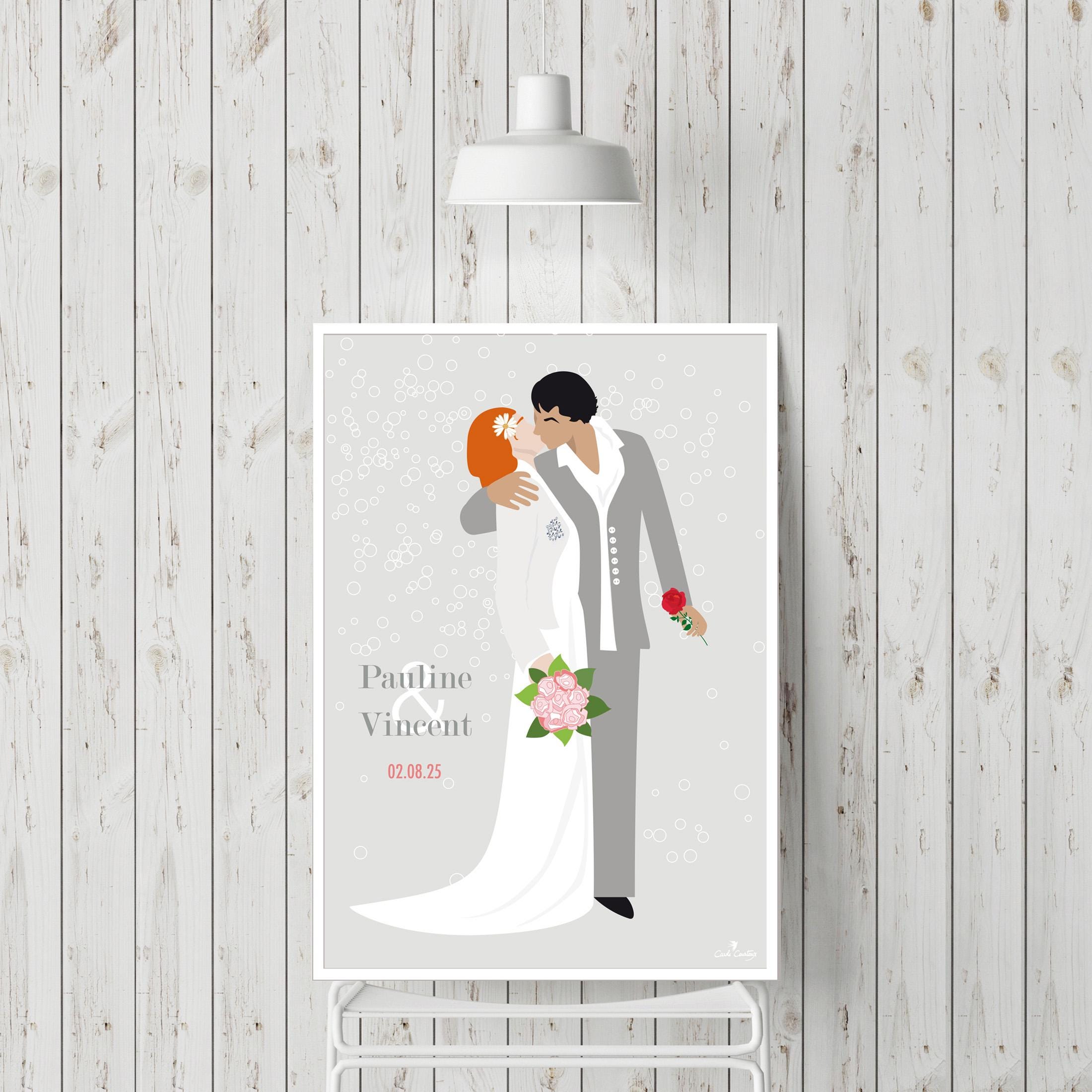 Affiche de mariage encadrée, couple stylisé tenant le bouquet, prénoms et date