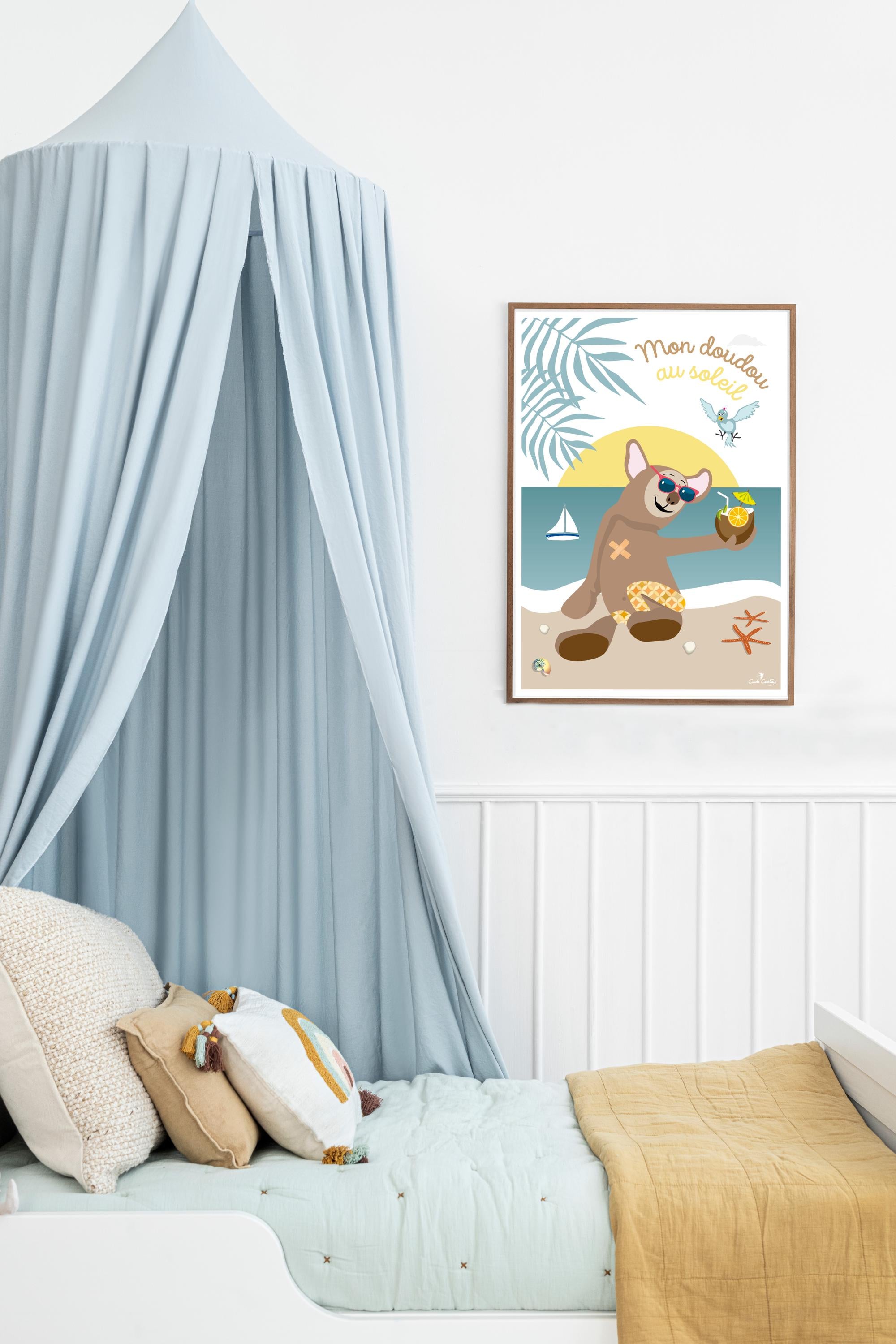 Affiche encadrée avec doudou ours brun portant des lunettes bleues et tenant un citron