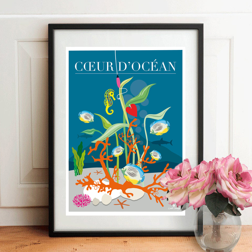 Affiche d’art marine « Cœur d’Océan » avec poissons, hippocampe et coraux, fond bleu