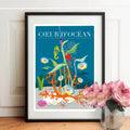 Affiche d’art marine « Cœur d’Océan » avec poissons, hippocampe et coraux, fond bleu