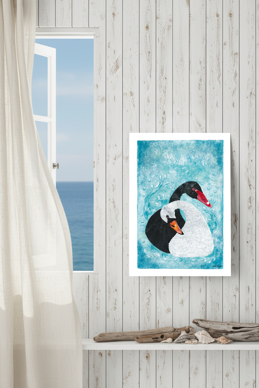 Affiche de cygne noir et blanc, bec rouge, fond bleu, encadrée, style peinture acrylique.