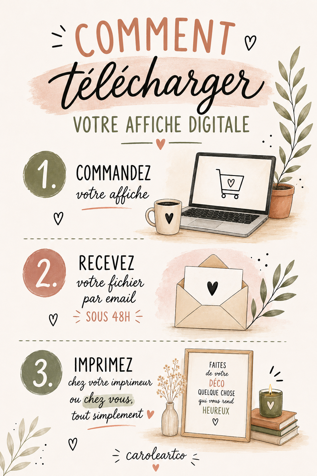 Affiche A4/A3 « Comment télécharger », texte et cœurs, enveloppe et laptop dessinés