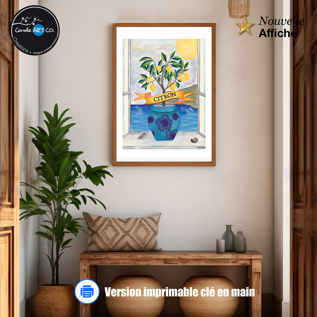 Affiche encadrée de citronnier, vase bleu et soleil jaune sur fond clair.