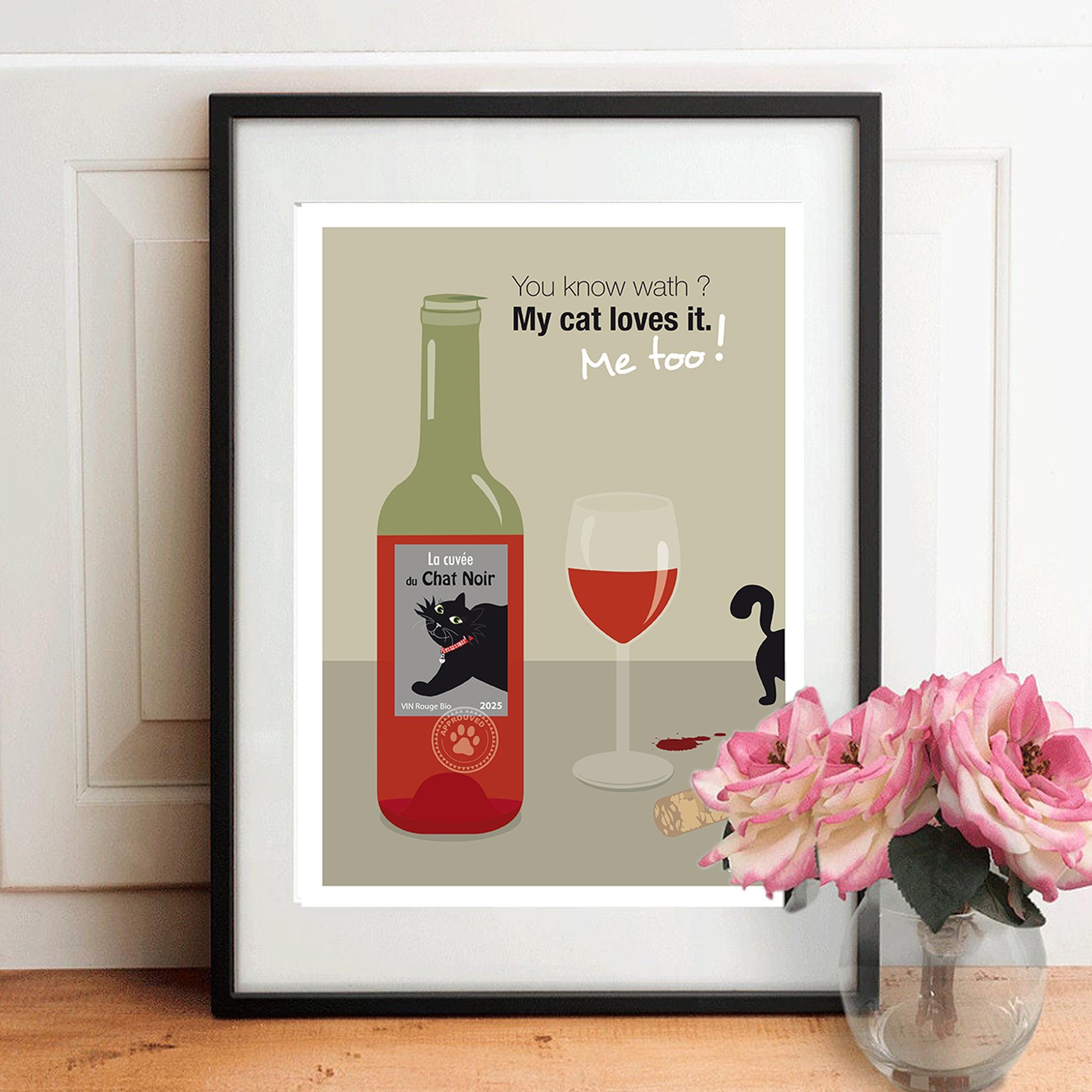 Affiche A4 encadrée : bouteille et verre à vin rouge, silhouette de chat.