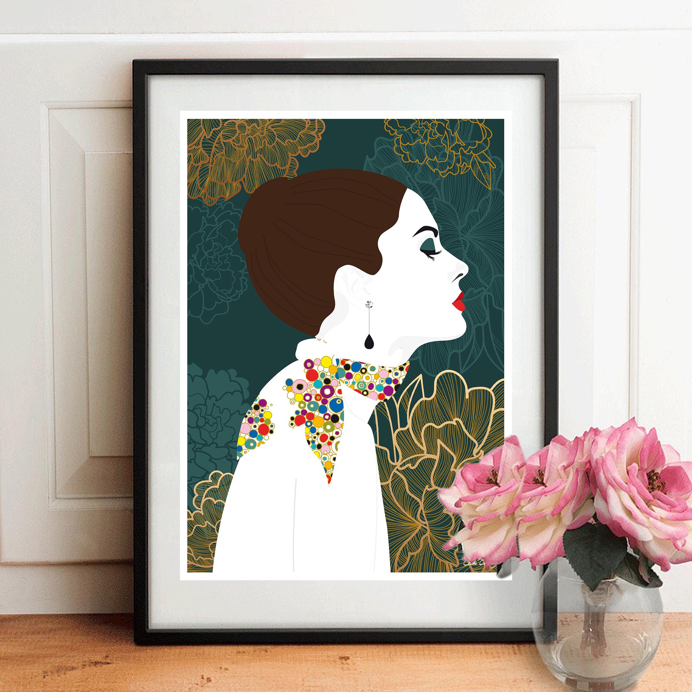 Digital Print Woman with a Scarf - Chic and Glamorous Woman Illustration - Wall Art Poster A4/A3