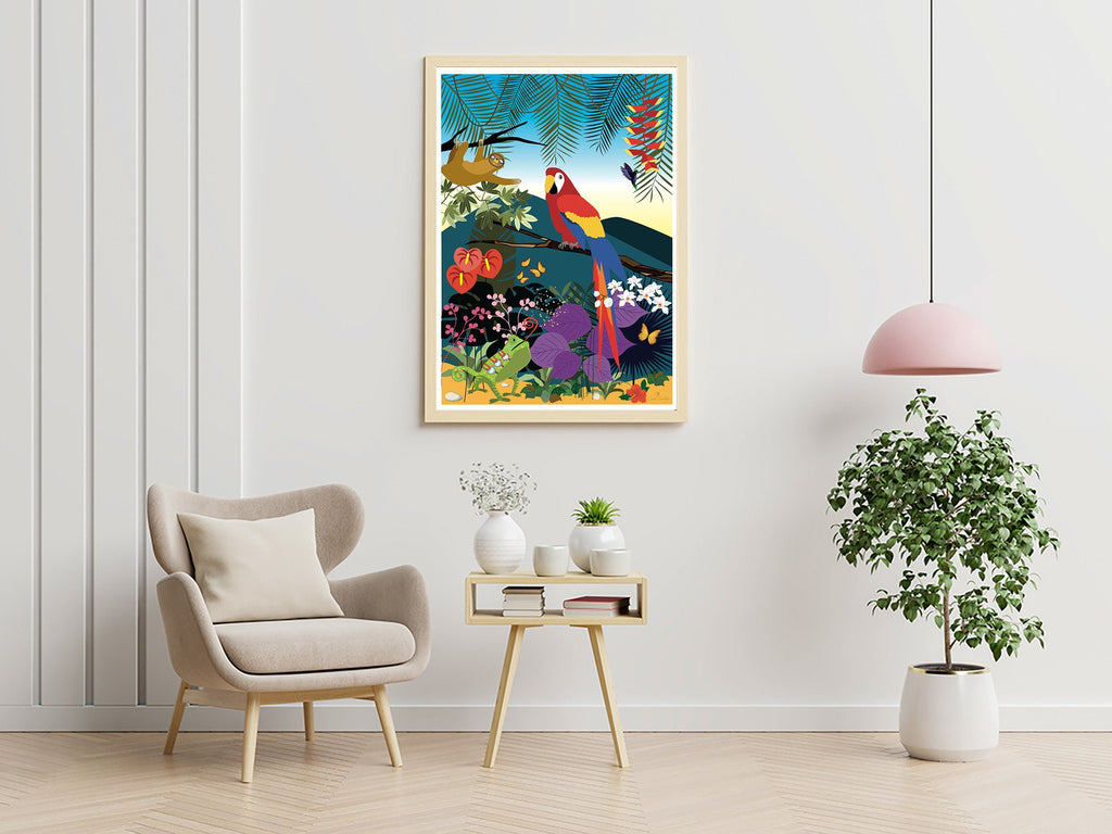 Affiche encadrée perroquet coloré sur mur, illustration végétale et fleurs