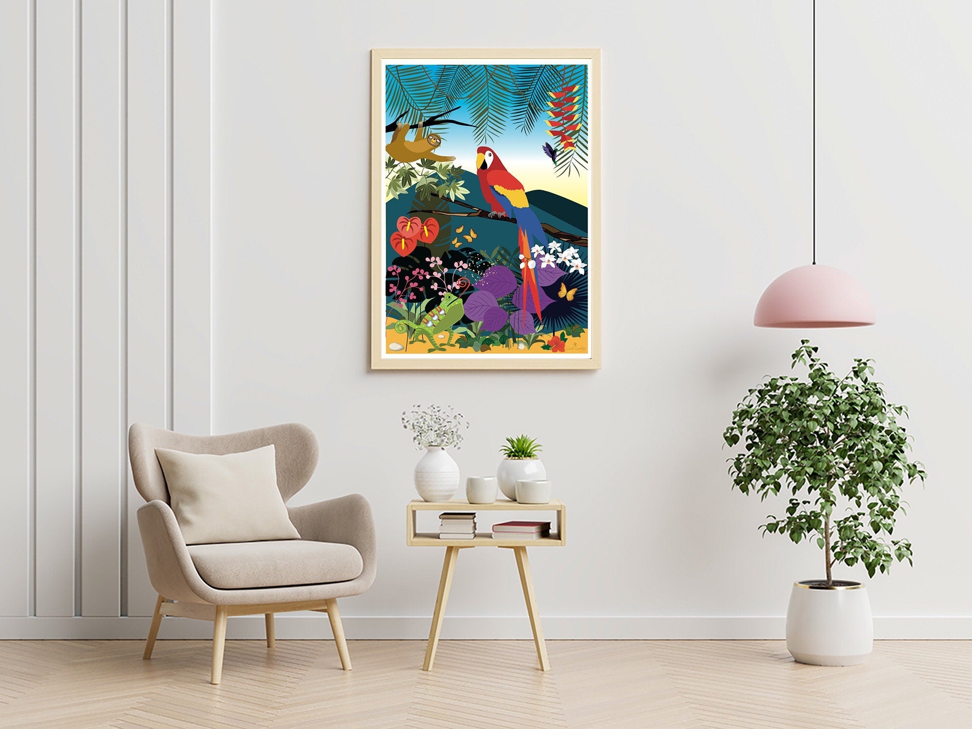 Affiche encadrée perroquet coloré sur mur, illustration végétale et fleurs