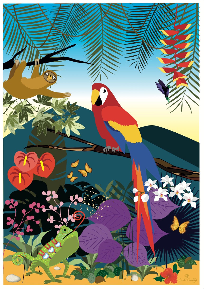 Gros plan affiche perroquet multicolore sur branche, fleurs et feuilles tropicales