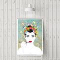 Affiche numérique portrait féminin avec couronne de fleurs colorées et cadre blanc