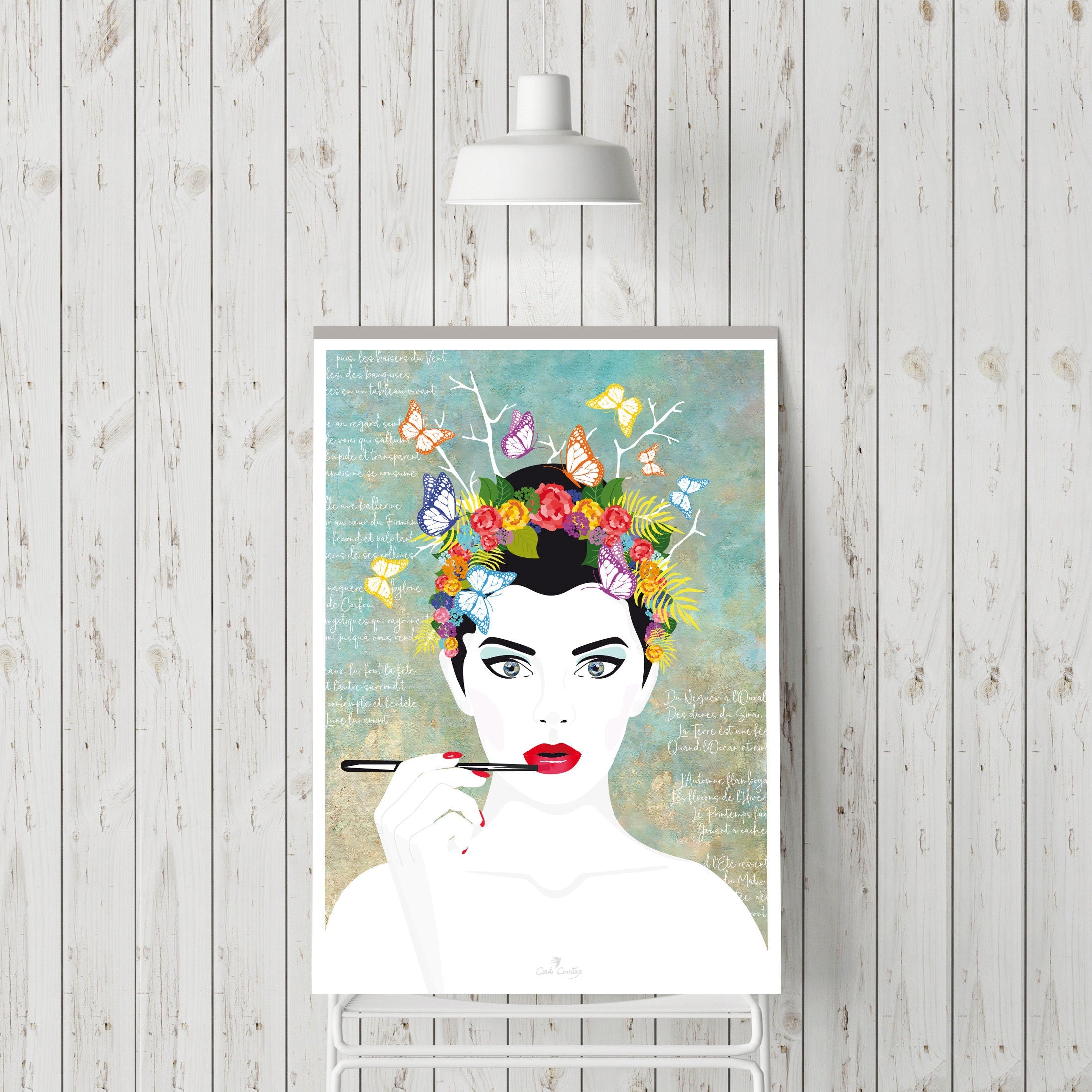 Affiche numérique portrait féminin avec couronne de fleurs colorées et cadre blanc