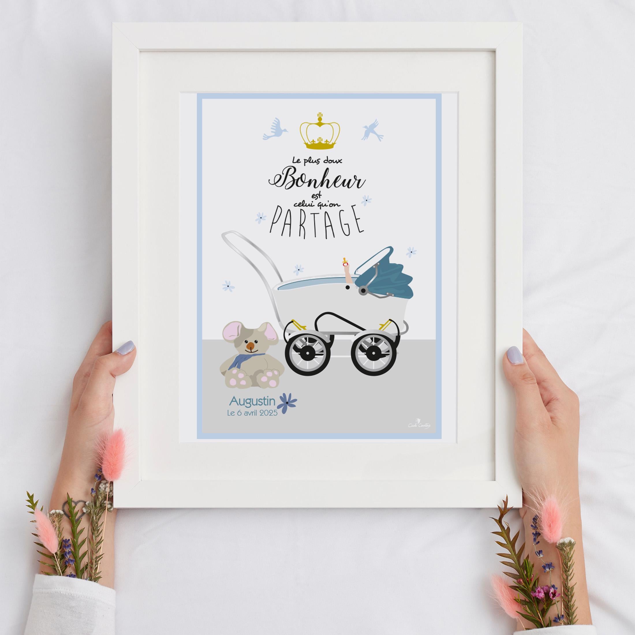 Affiche de naissance encadrée avec poussette, animaux et texte Le plus bonheur