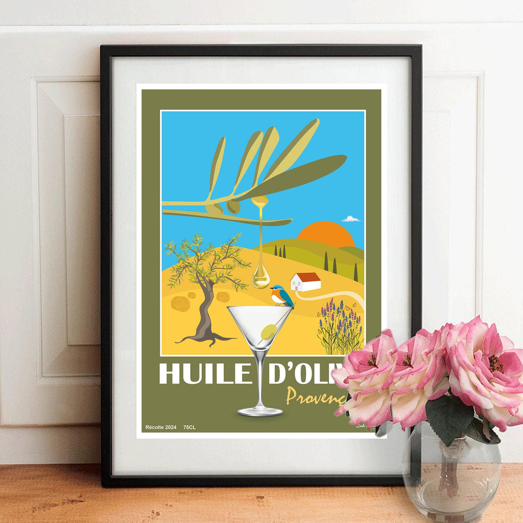 Affiche décorative d’huile d’olive, illustration provençale avec verre et arbre