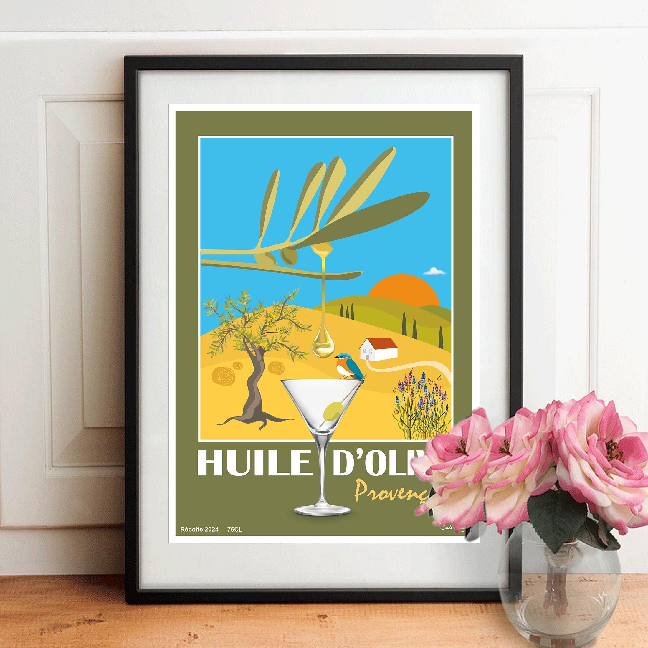 Affiche décorative d’huile d’olive, illustration provençale avec verre et arbre
