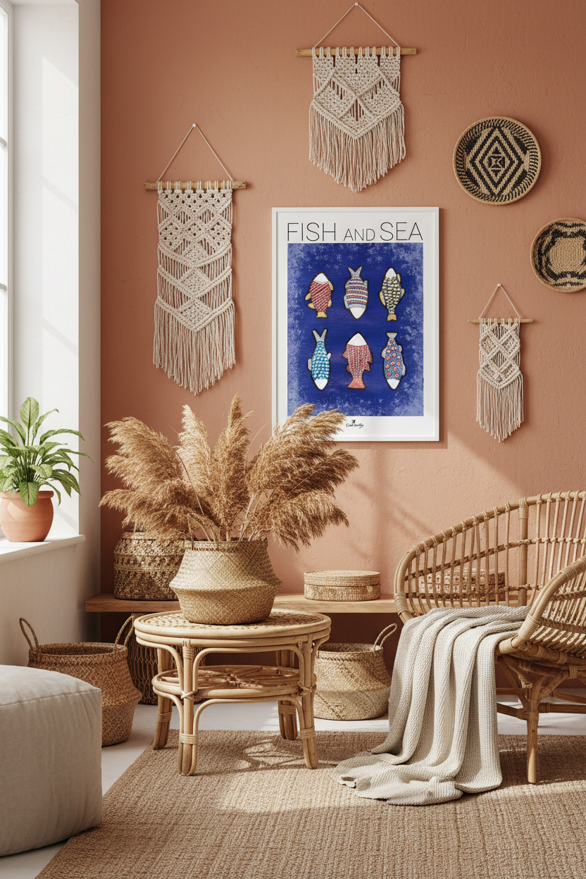 Affiche « Fish and Sea » encadrée, illustration poissons et coquillages sur fond bleu
