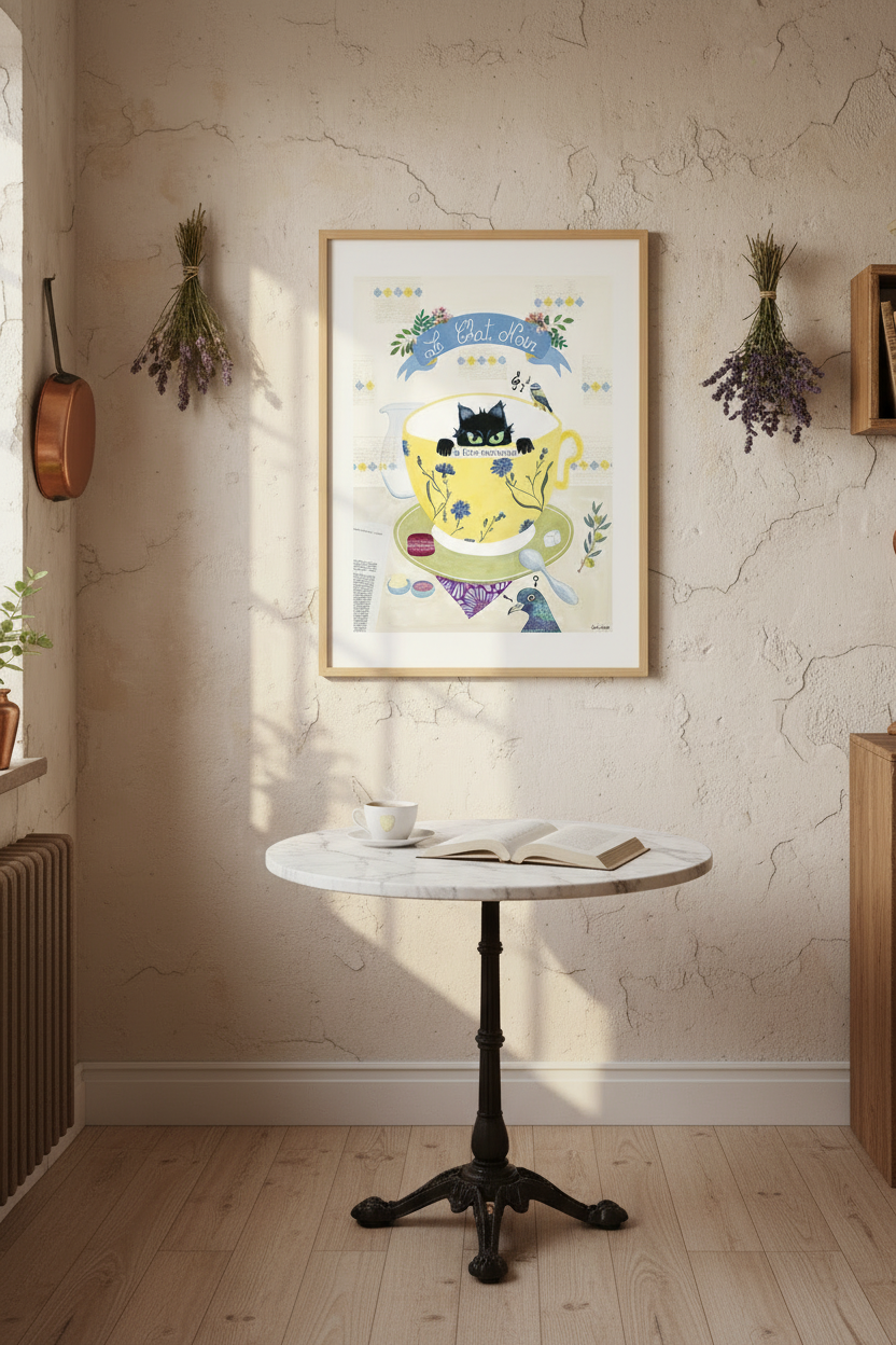 Affiche encadrée avec un chat noir illustré dans une scène de philosophie, fond clair