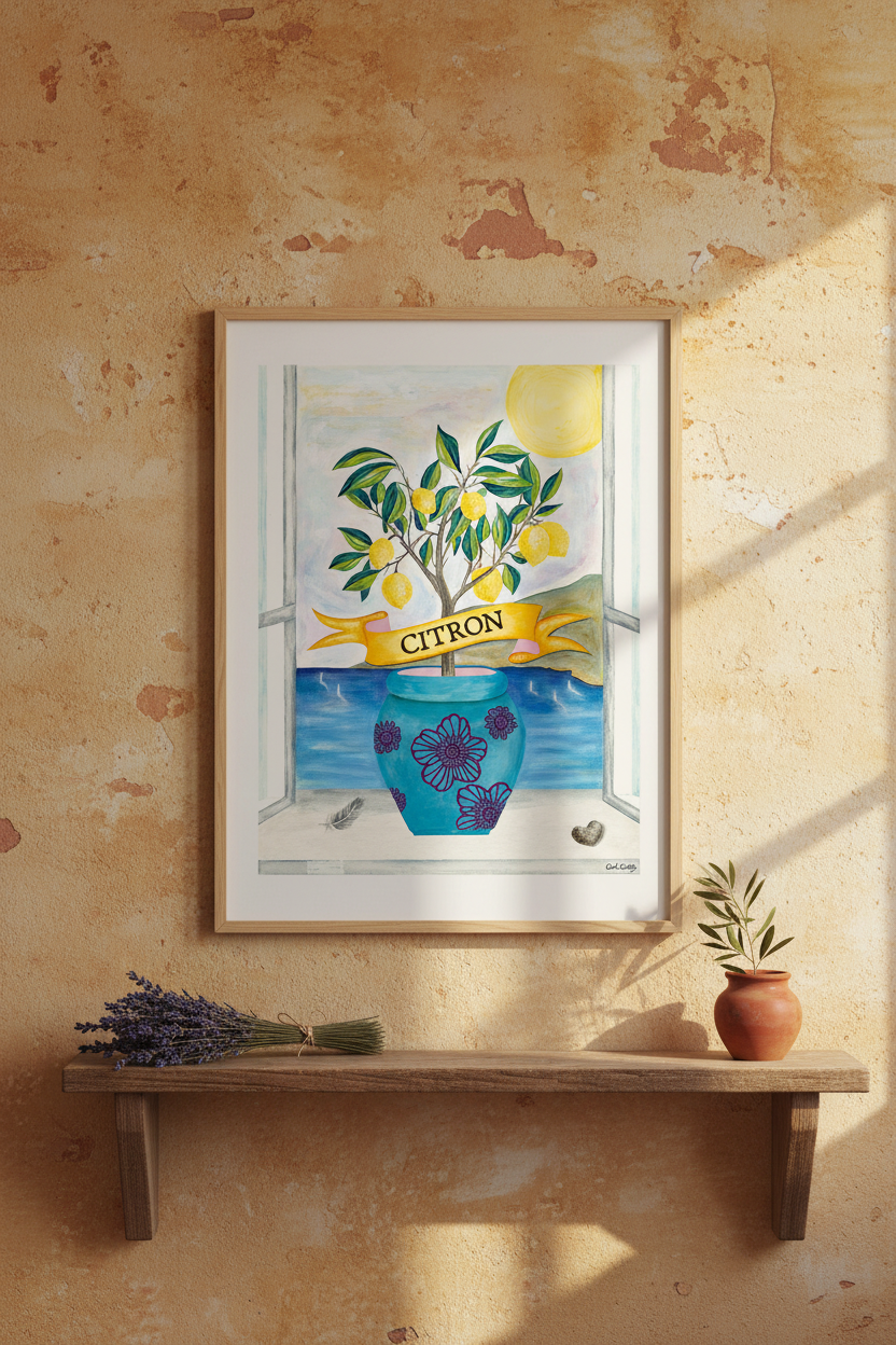 Affiche encadrée avec citronnier en pot, citrons jaunes, vase bleu et feuilles vertes.