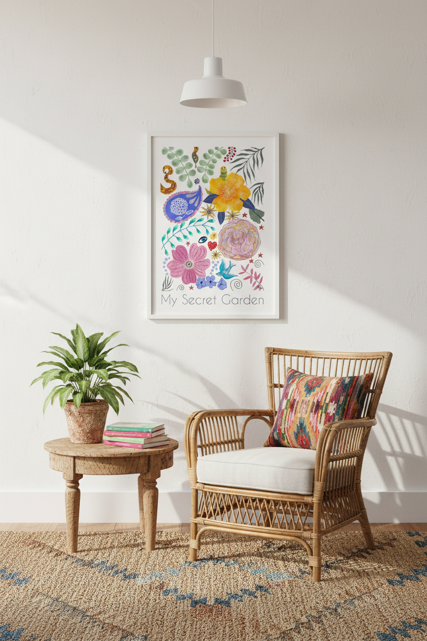 Affiche encadrée avec oiseaux multicolores, fleurs et texte « My Secret Garden »