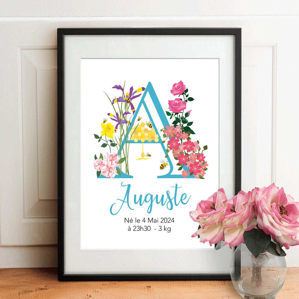Affiche personnalisée lettre A, fleurs roses, texte « Auguste »