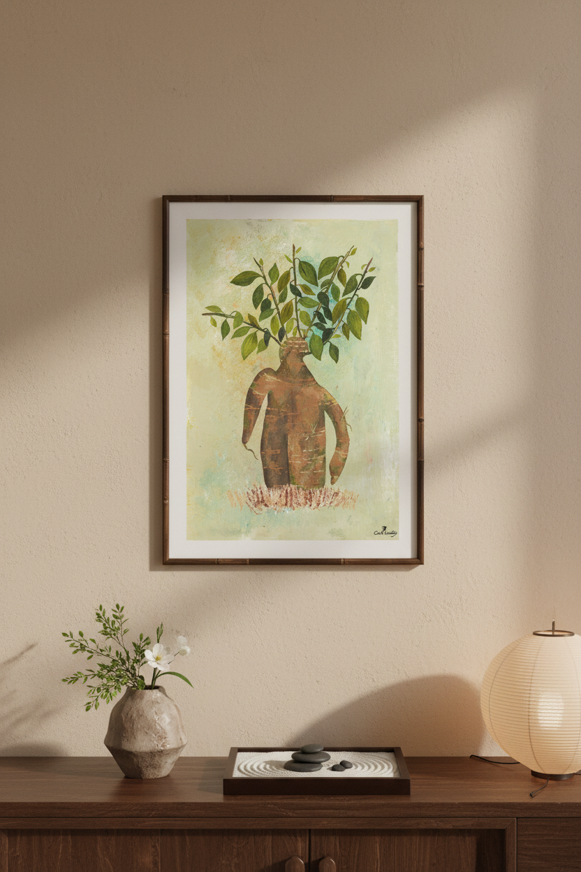 Affiche encadrée : silhouette masculine tenant un arbre, style aquarelle vert et beige