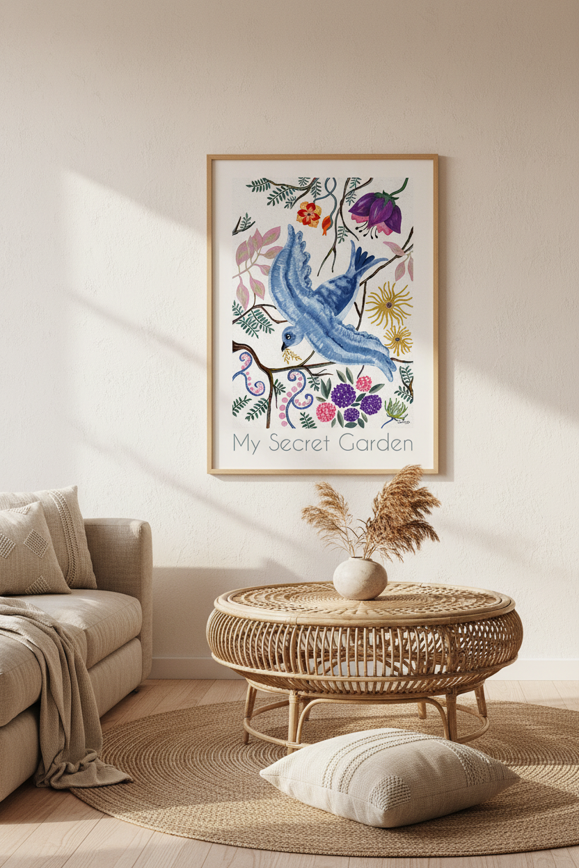 Affiche encadrée avec oiseau bleu et motifs floraux, cadre en bois clair