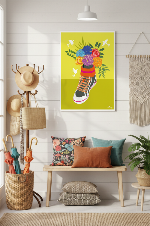 Affiche murale avec illustration de basket et fleurs colorées sur fond jaune