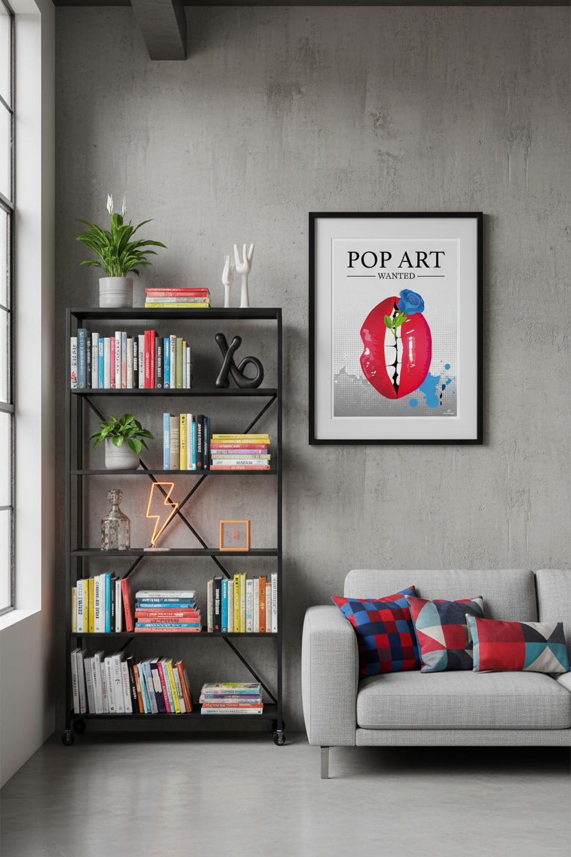 Affiche encadrée Pop Art avec lèvres rouges et touche bleu, format vertical