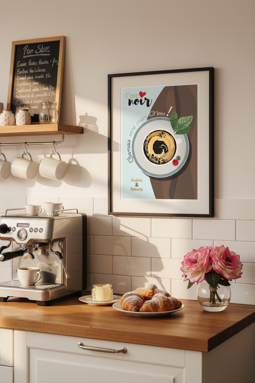 Affiche encadrée avec illustration café et tasse décorative, format mural
