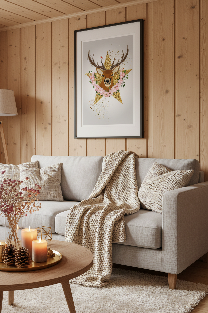 Affiche murale cerf illustré, tête avec bois et fleurs, encadrée