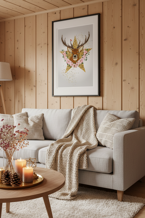 Affiche murale cerf illustré, tête avec bois et fleurs, encadrée