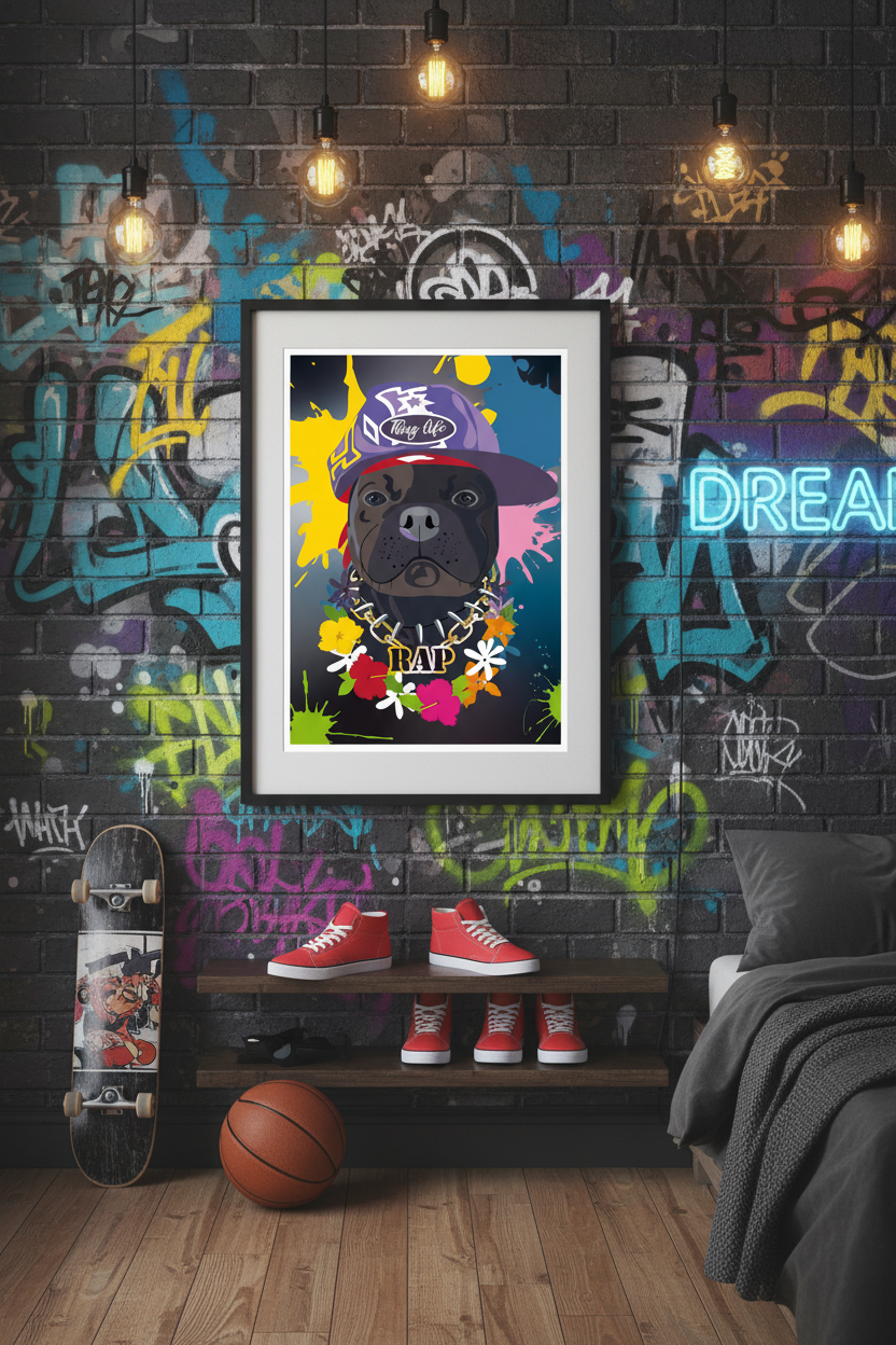 Affiche encadrée street art : chien noir au chapeau, fond jaune et bleu, texte « RAP »