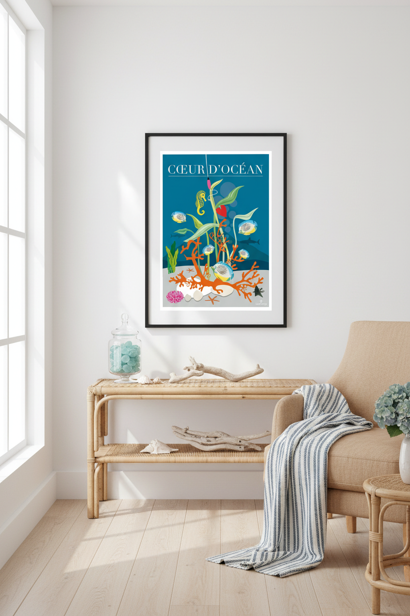 Affiche encadrée Cœur d’Océan avec poissons et corail, illustration marine bleue