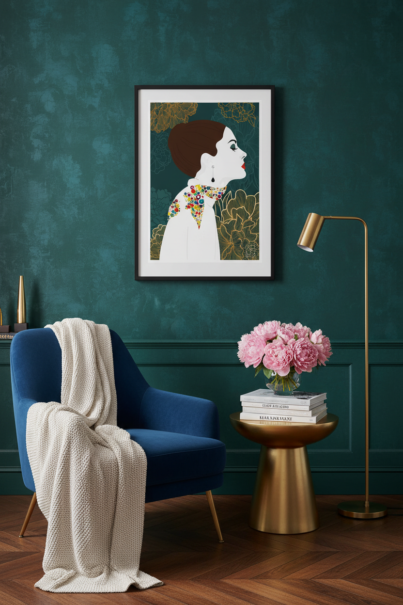 Affiche encadrée représentant une femme au foulard en profil, style illustration artistique