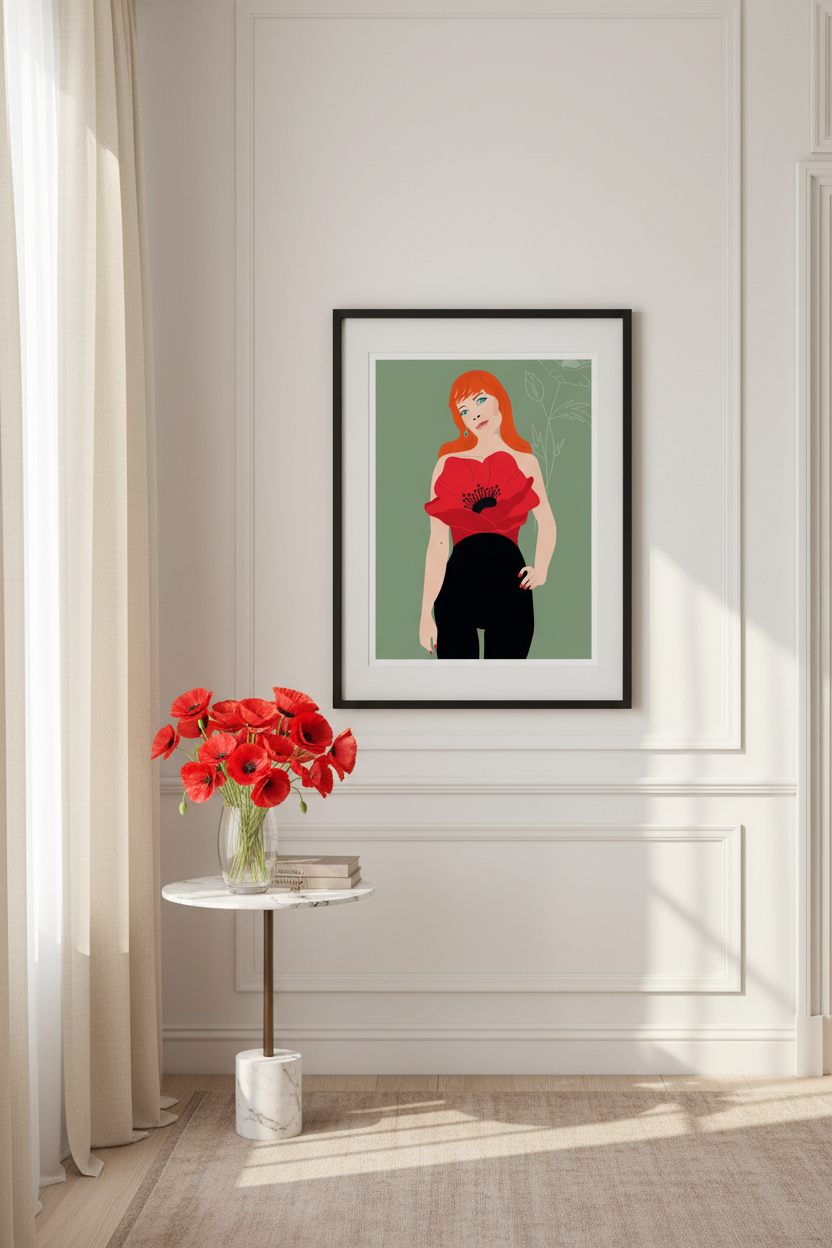 Affiche florale de femme, robe rouge coquelicot et bouquet noir, cadre noir