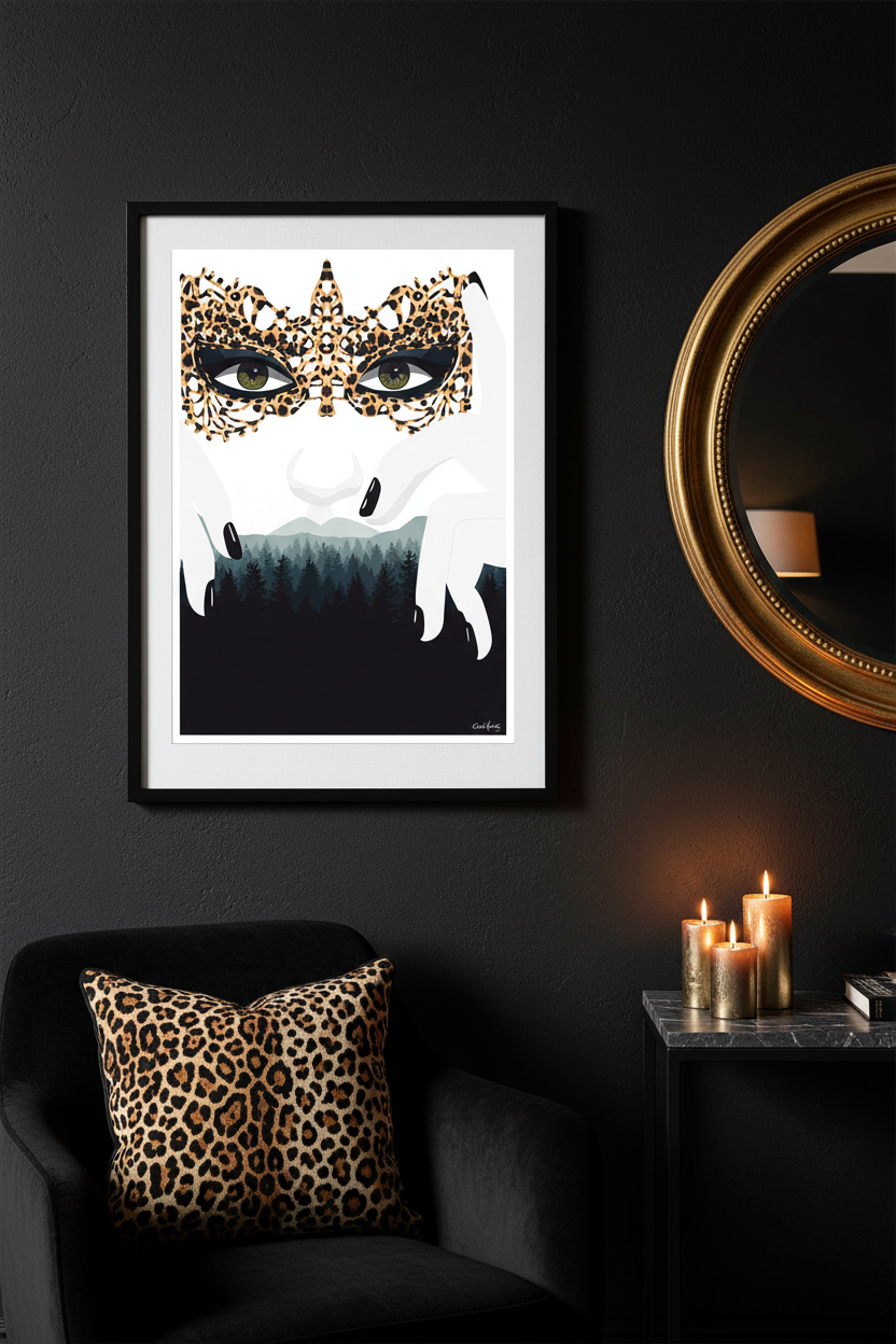 Affiche encadrée «Masque Mystère» avec masque chat à motifs et silhouette de montagne