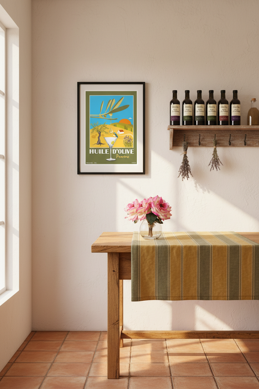 Affiche encadrée d’huile d’olive de Provence, illustration colorée avec flacon et paysage
