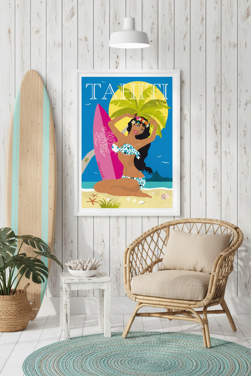 Affiche murale vintage d’illustration Tahiti, femme polynésienne en robe rose, cadre blanc